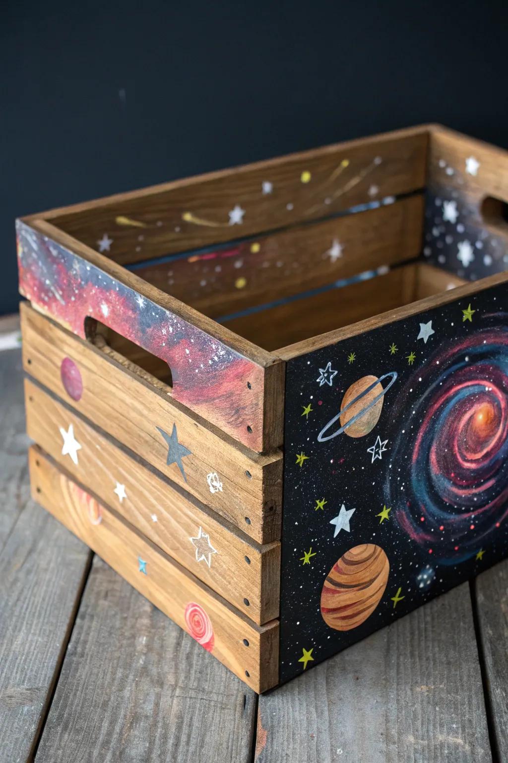 Elevate your decor with a cosmic touch—explore the universe with a galaxy-themed wooden crate.