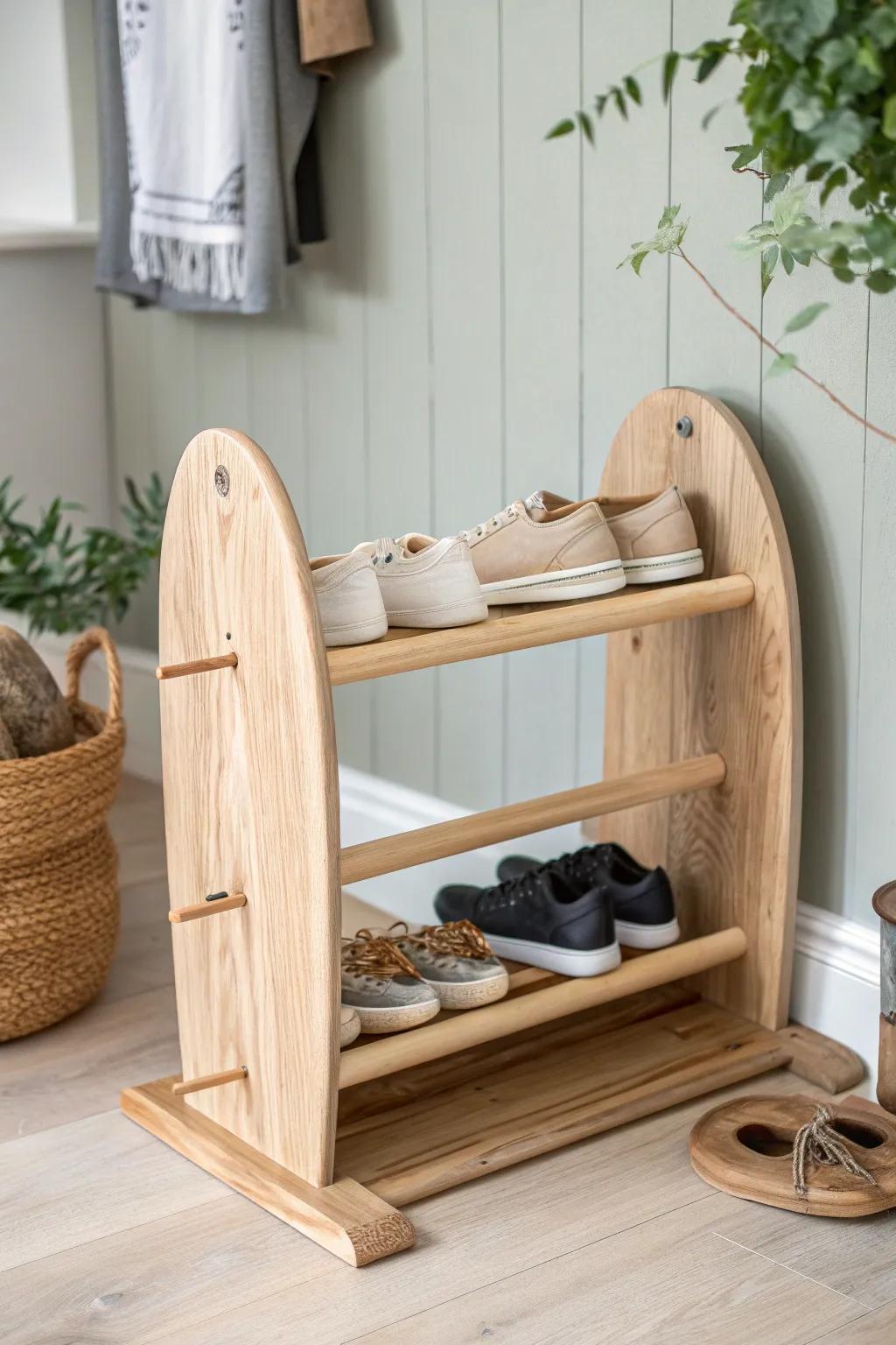 Transform your entryway with a charming wooden spool shoe rack—where simplicity meets Scandinavian elegance.