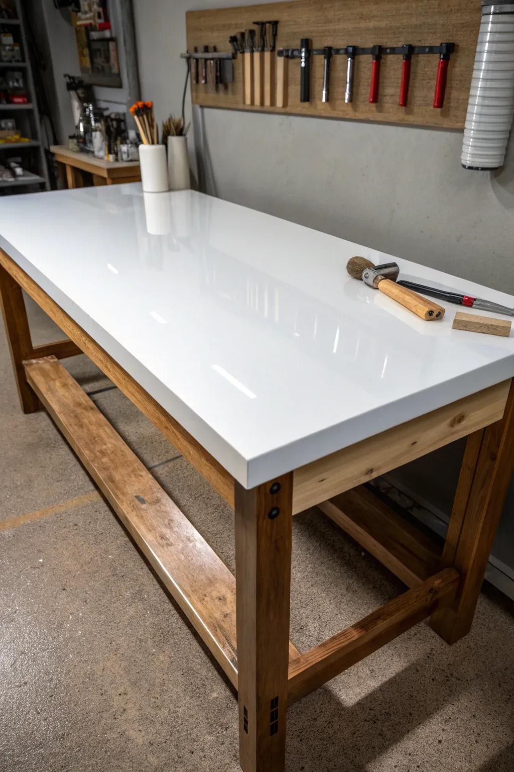 Elevate your workshop game with a melamine topper: smooth, stylish, and effortless to clean.