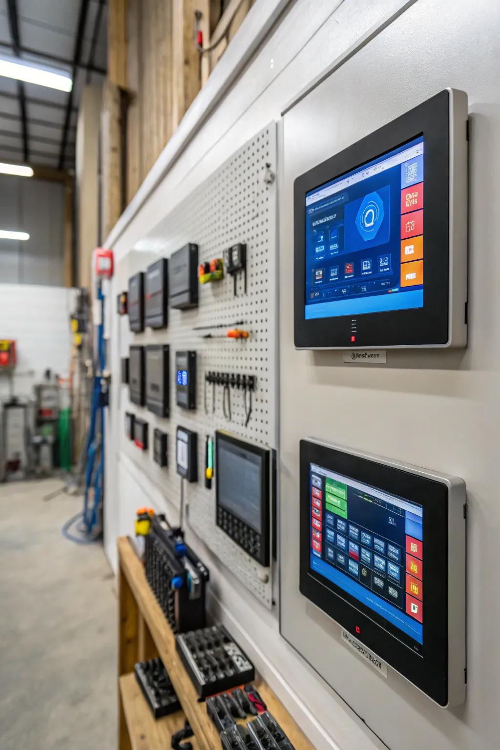 Smart walls integrate technology for a futuristic and efficient workshop.
