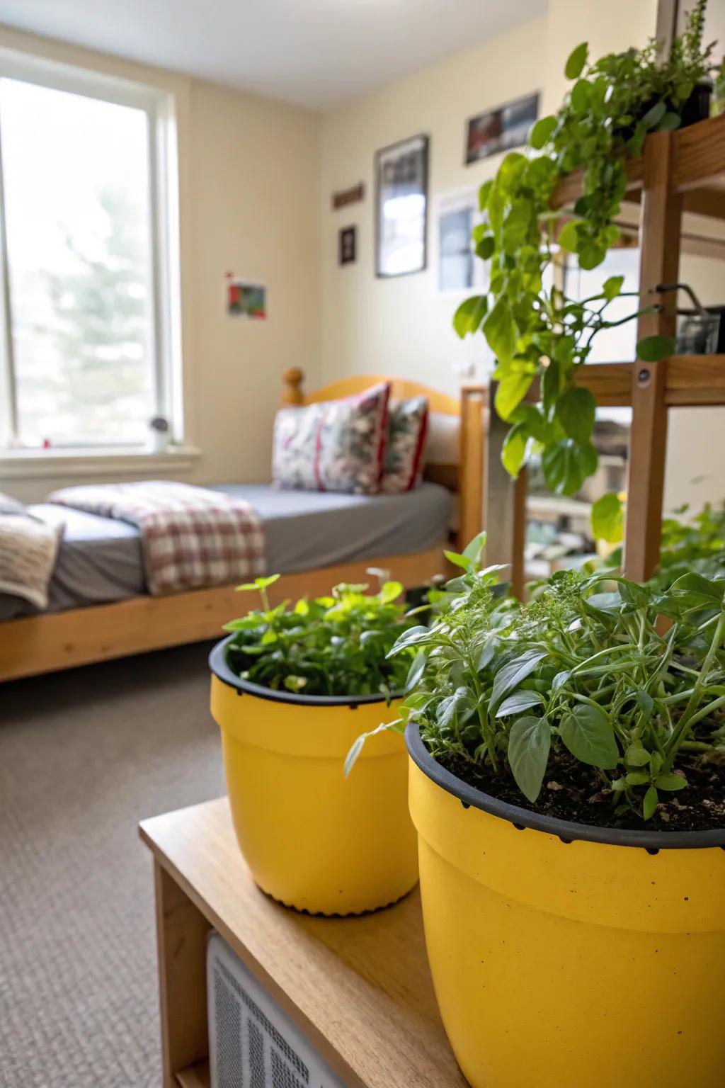 Yellow planters with greenery bring life to your dorm room.