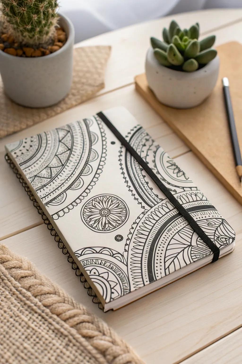 Transform your workspace with the elegance of Zentangle art on your notebook.
