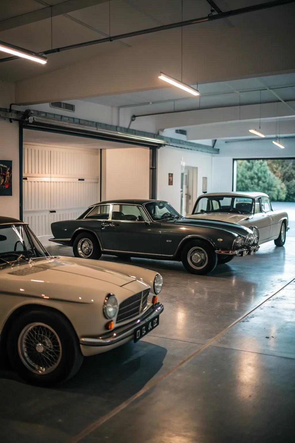 A vintage car display adds elegance and history to a garage.