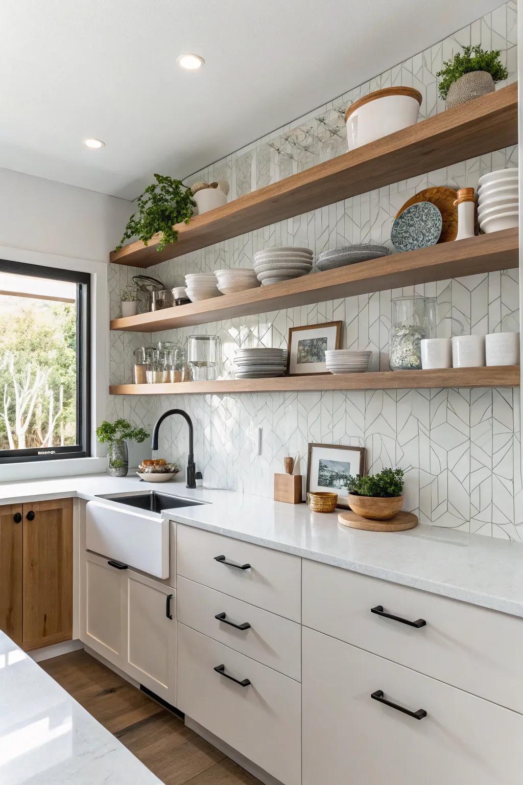 Open shelves create a functional and stylish space above the quartz backsplash.