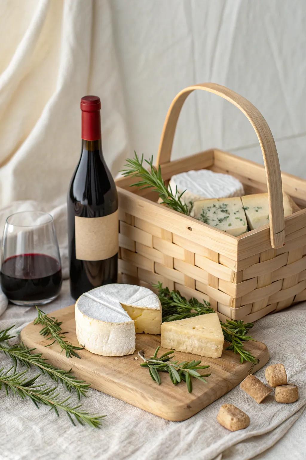 Elevate your 4th of July with a touch of elegance: a wine and cheese basket that speaks the language of simplicity and sophistication.
