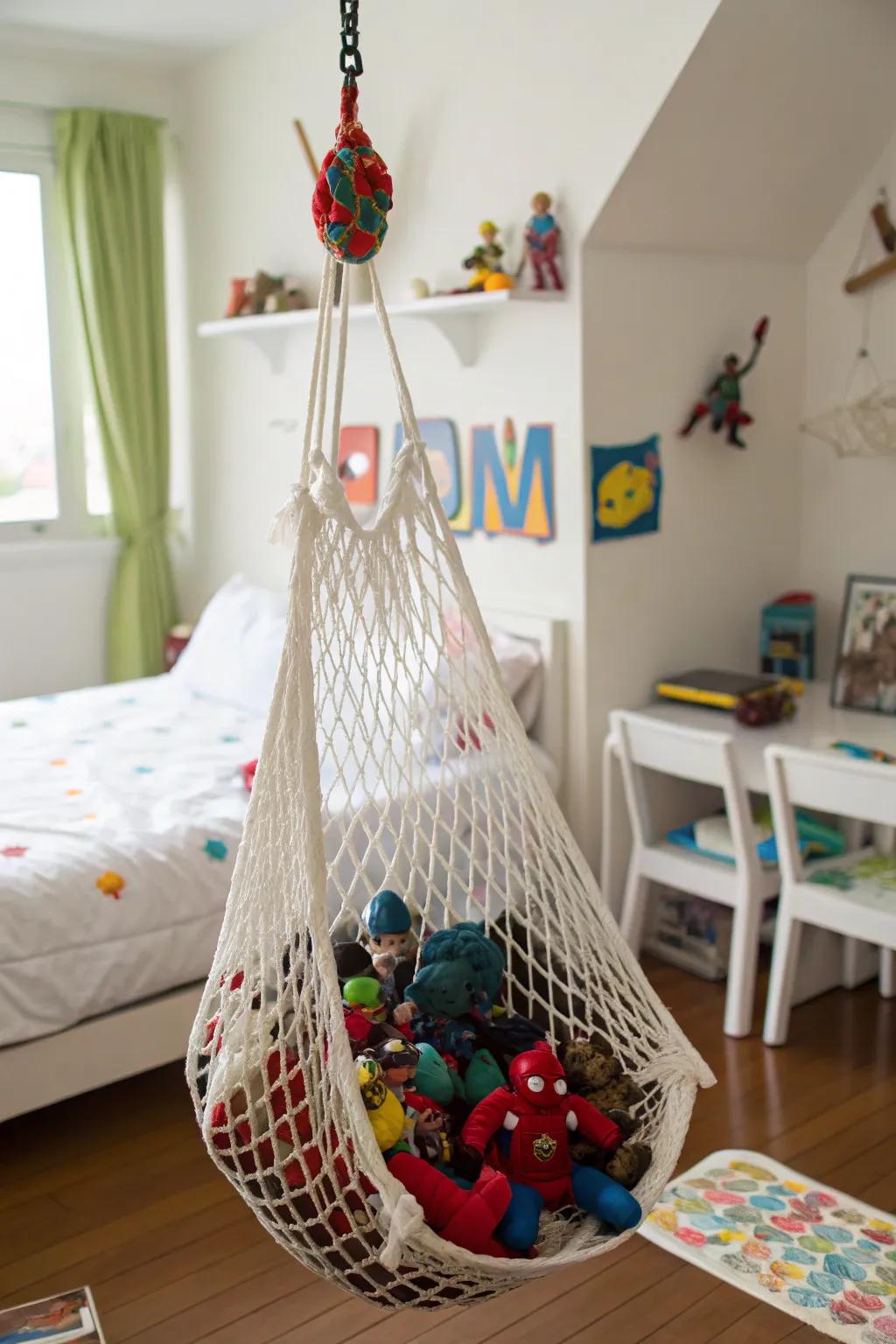 Net hammocks offer playful and creative figure storage.