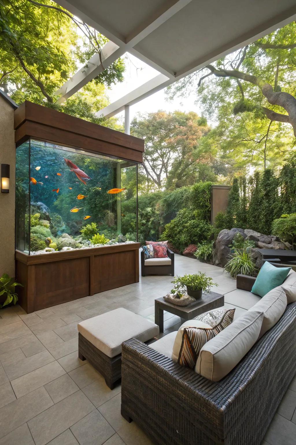 An outdoor aquarium adds a serene vibe to any patio setting.