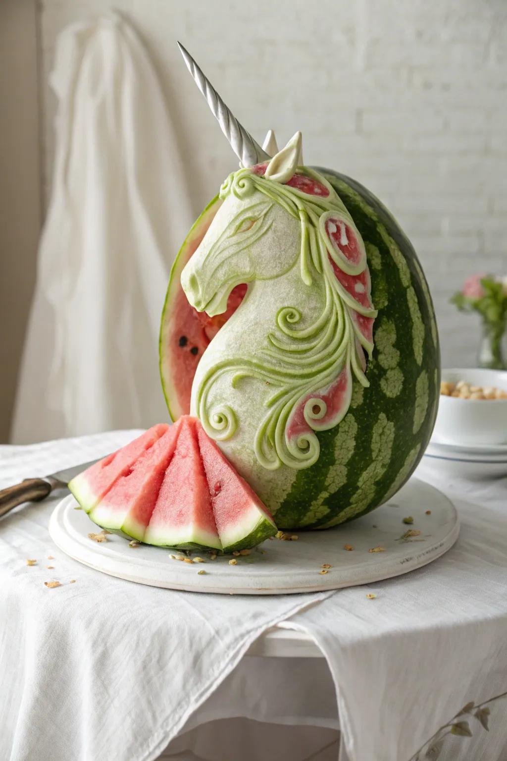 Transform your party with enchanting watermelon art: a mystical unicorn that captivates with simplicity and charm.