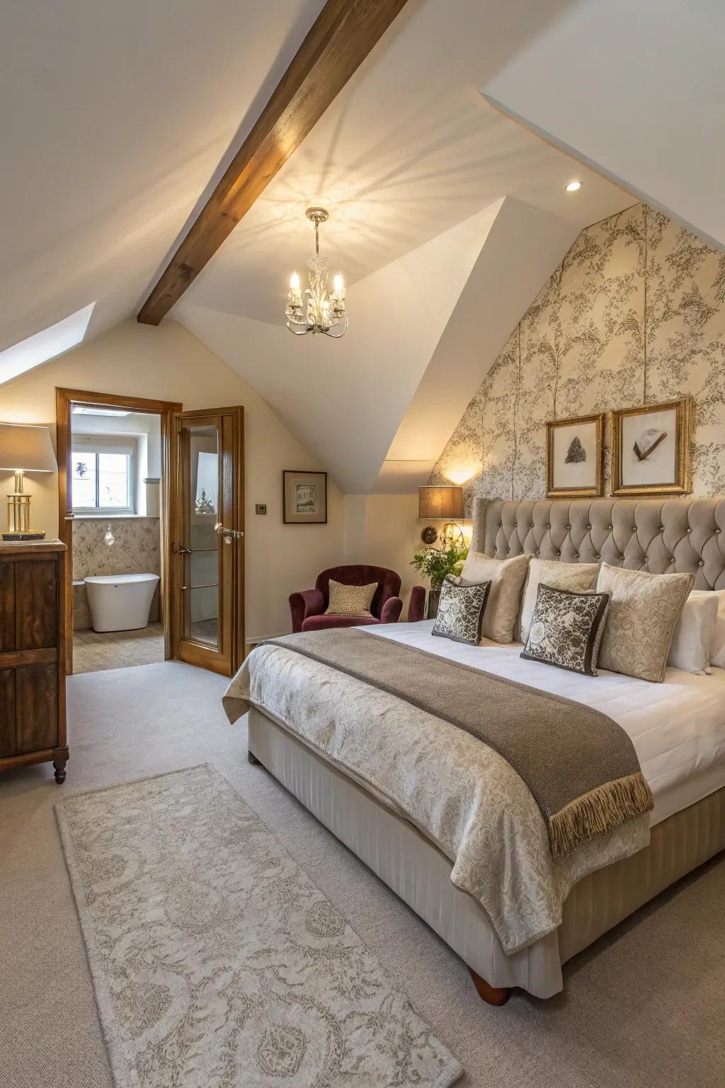 A luxurious master suite offering comfort and style in the attic.