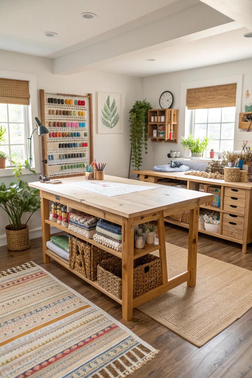 Embrace creativity in an open and airy craft room, where simplicity meets vibrant inspiration.