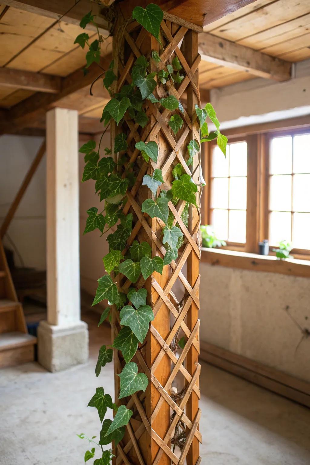 Transform your space with a touch of nature and craftsmanship: Lattice wraps for a lush basement vibe.