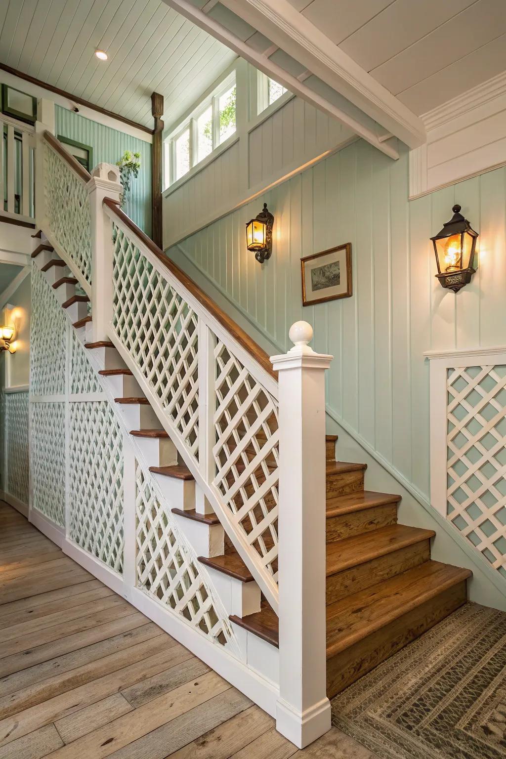 Lattice-pattern railings add a whimsical and airy touch to basements.