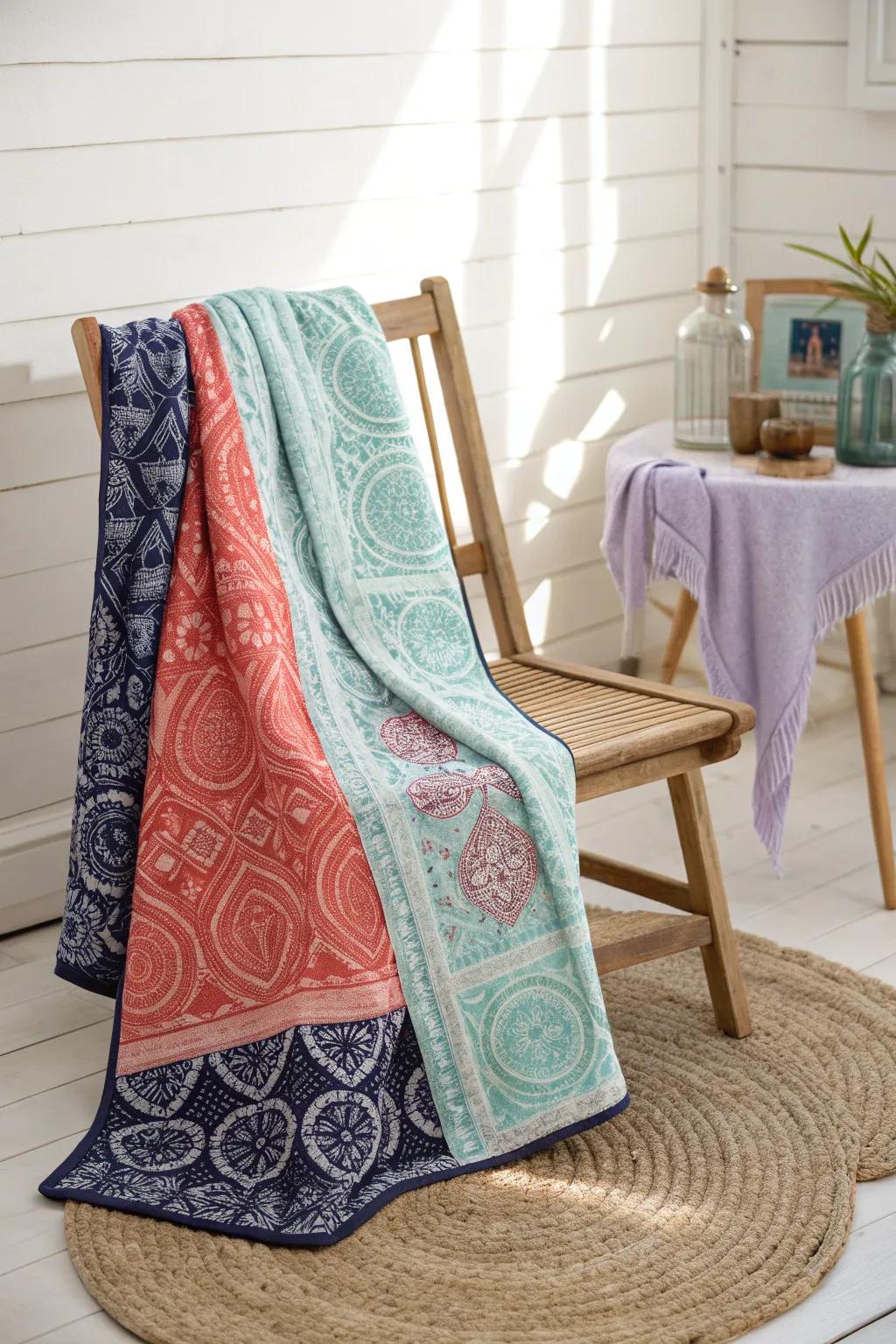 Embrace the art of duality with a reversible batik quilt, where bold colors meet minimalist charm.