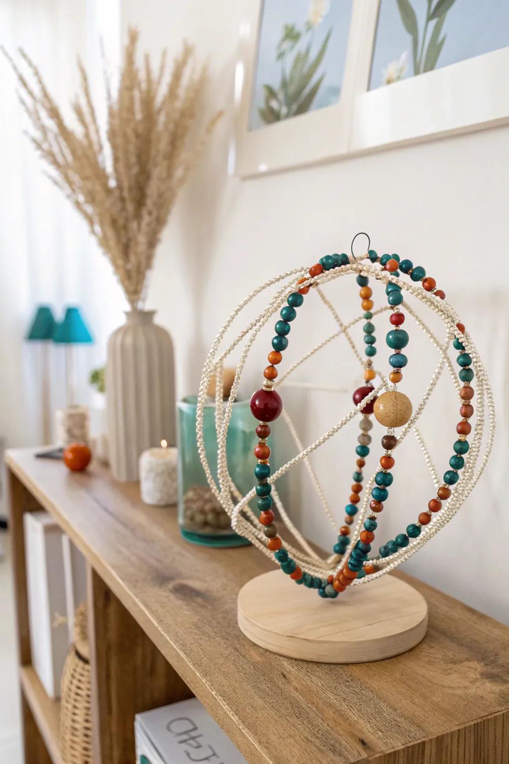 Crafted Elegance: Transform your space with this stunning bead and wire sculpture, where simplicity meets vibrant artistry.
