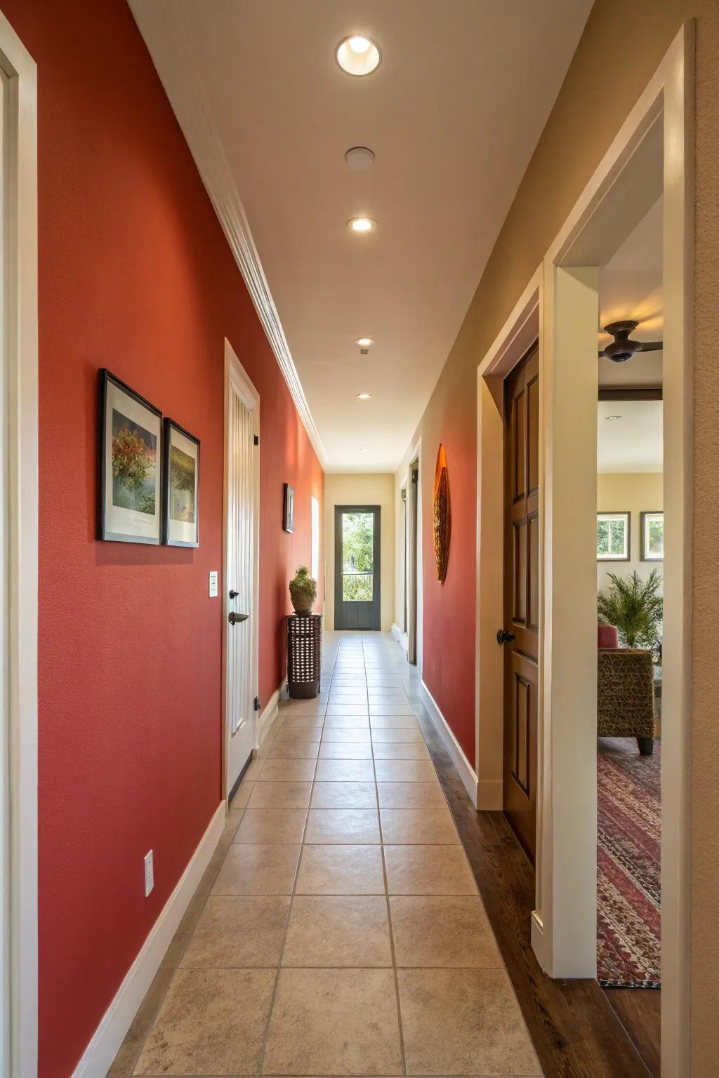 An accent wall creates a bold and striking feature in the hallway.