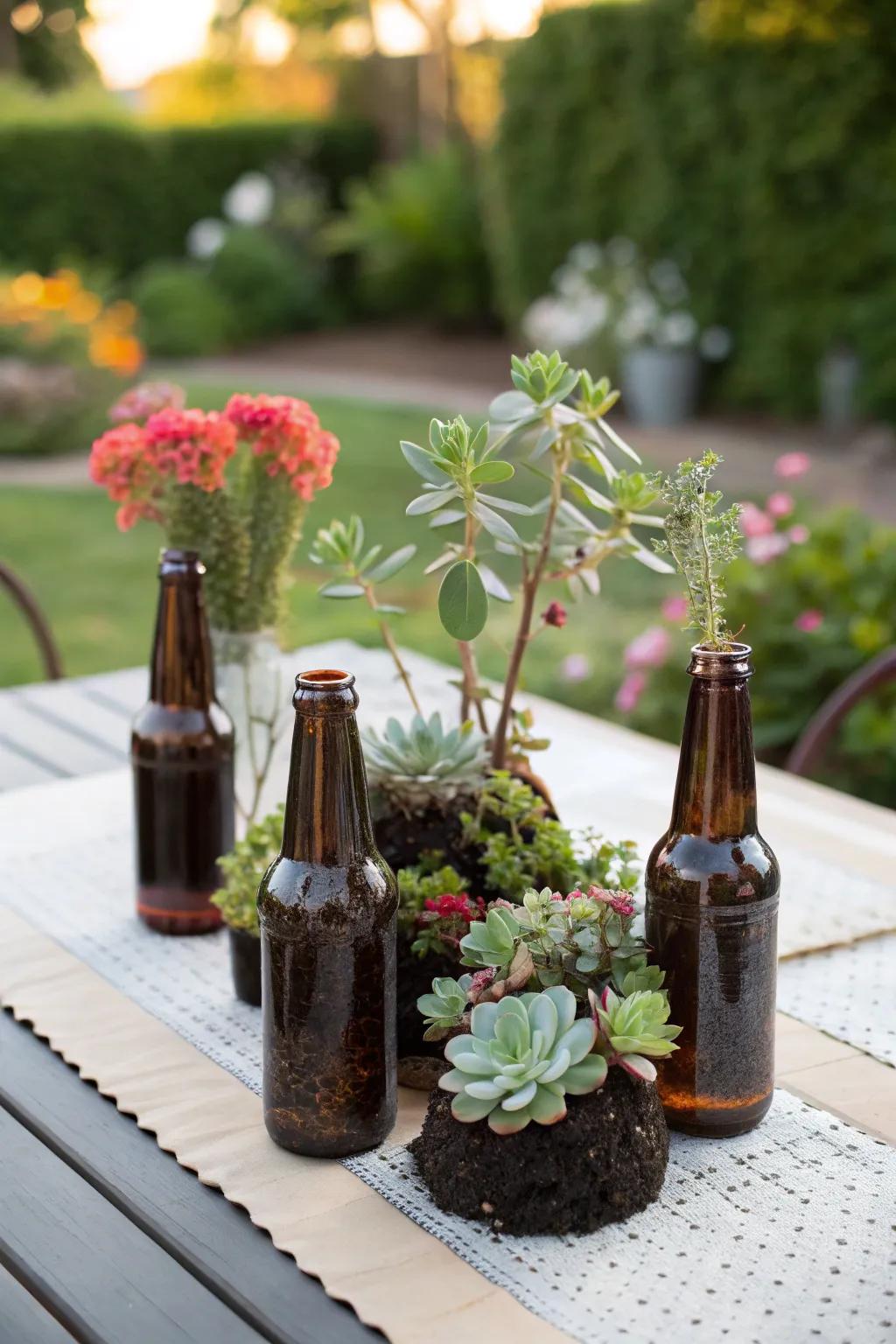 Beer bottle planters offer an eco-friendly favor.