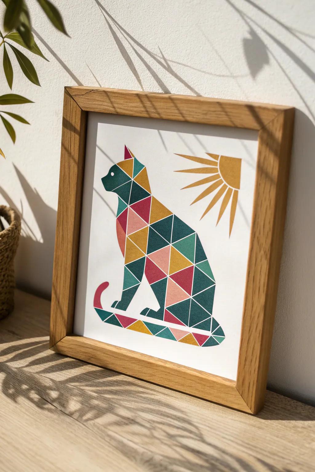 Explore the charm of simplicity with geometric creativity: A playful cat crafted from shapes.