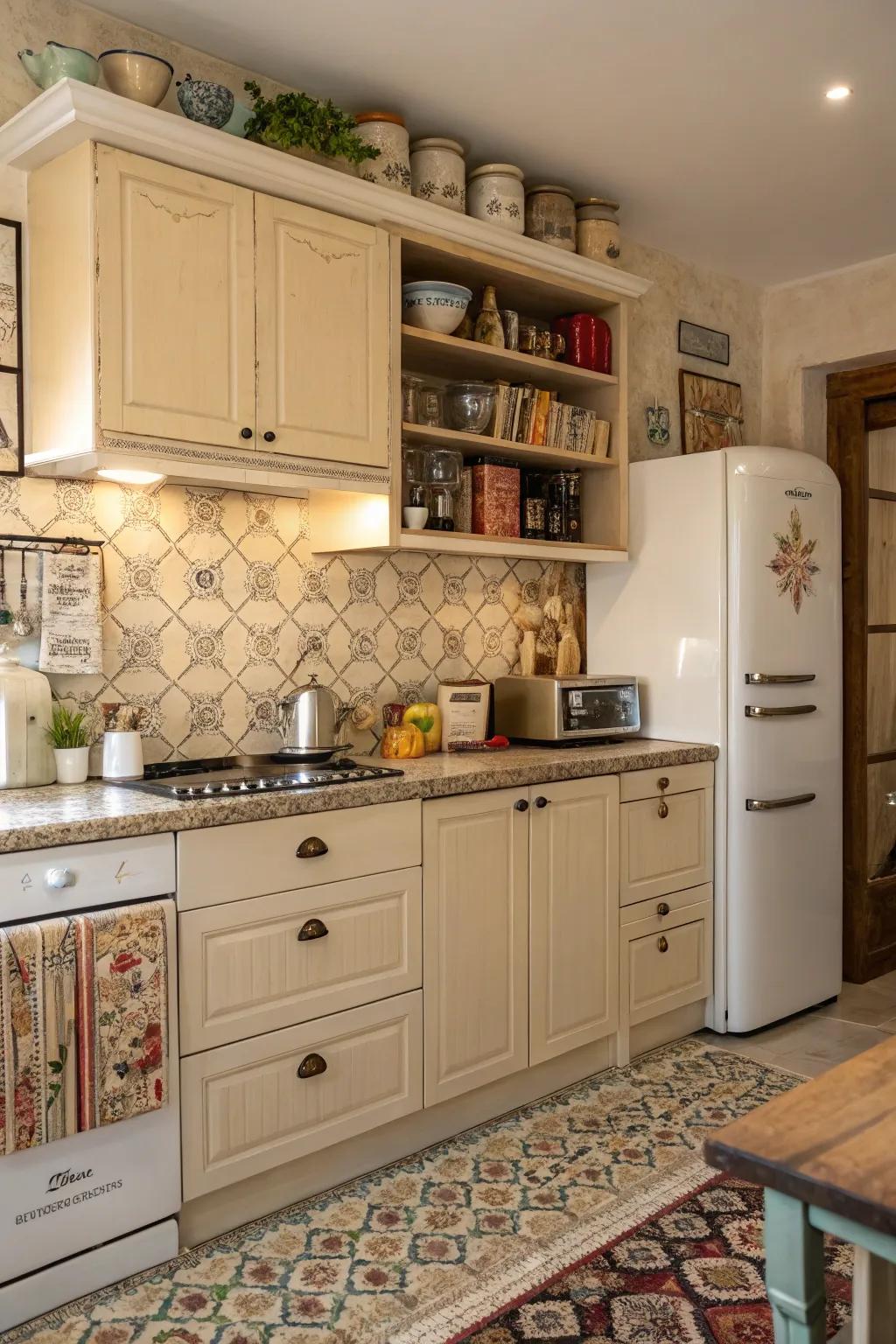 Vintage elements add charm to a beige kitchen.