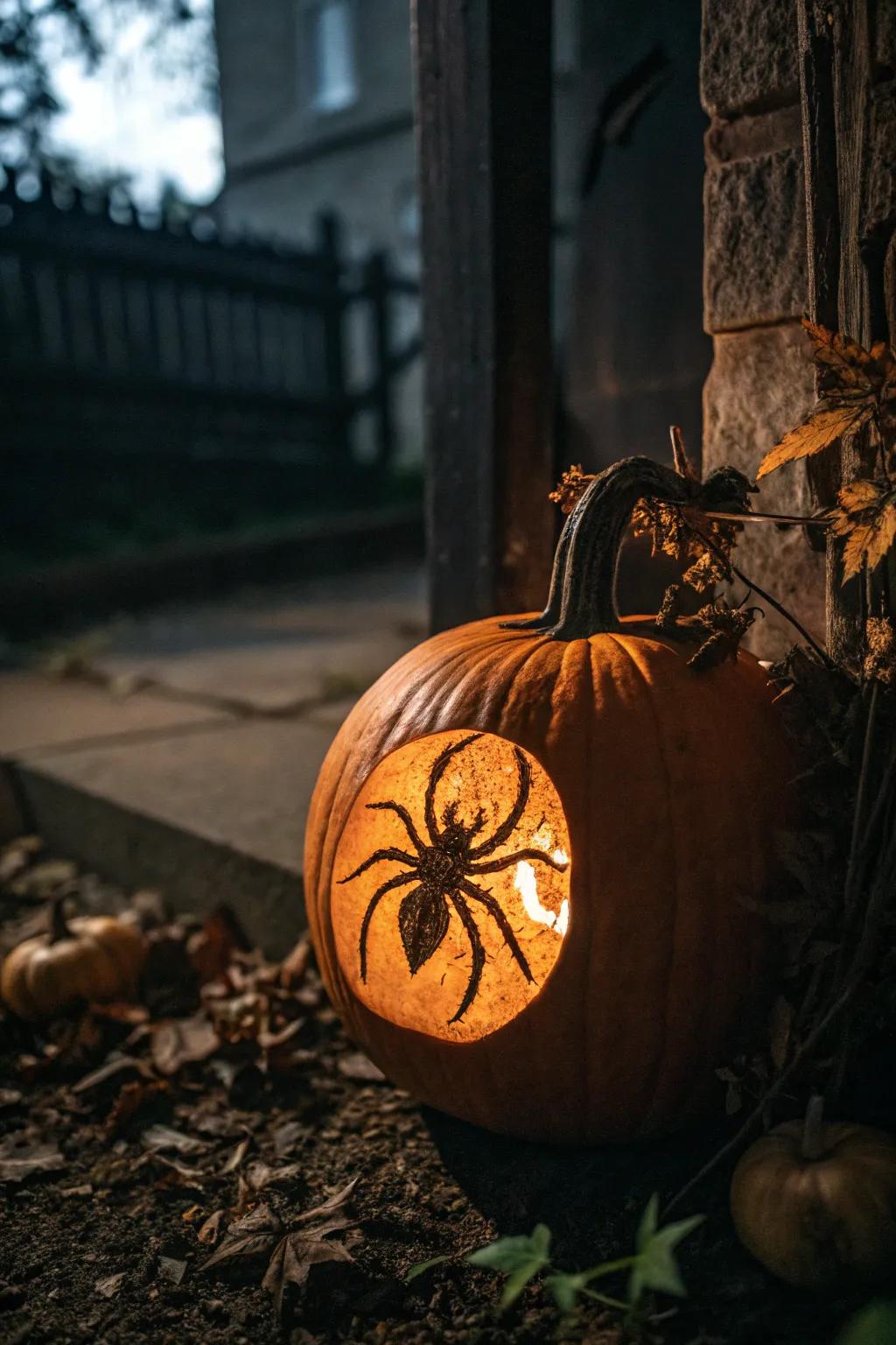 A creepy carved pumpkin with an intricate spider detail.