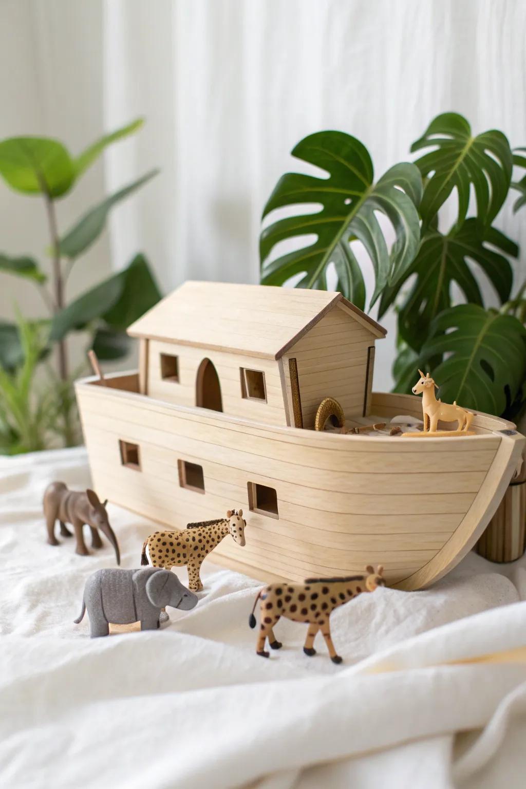 Bring the story of Noah's Ark to life with this stunning minimalist diorama—where craftsmanship meets imagination.