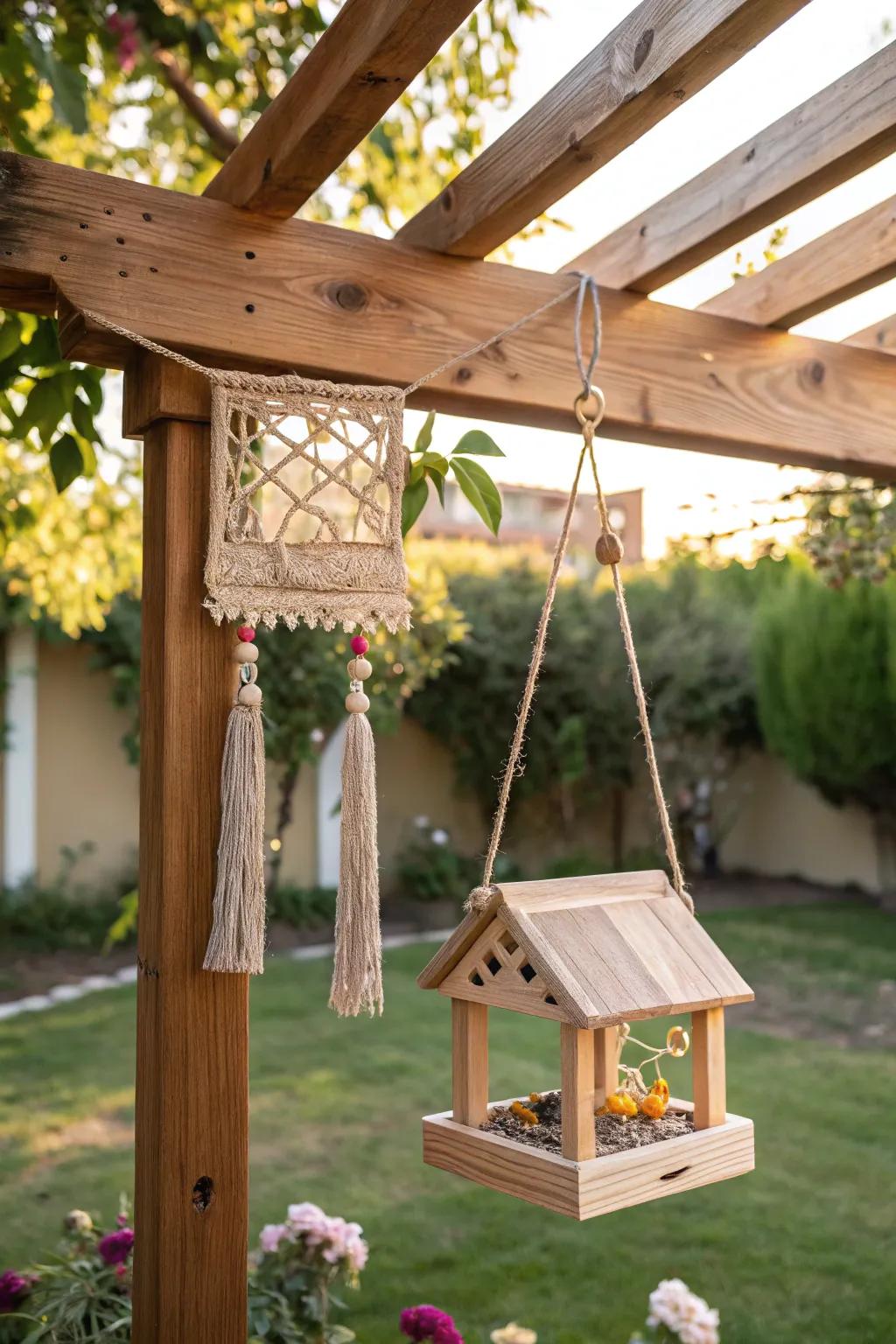 Create a serene dining nook for birds with a touch of Scandinavian elegance and boho charm.