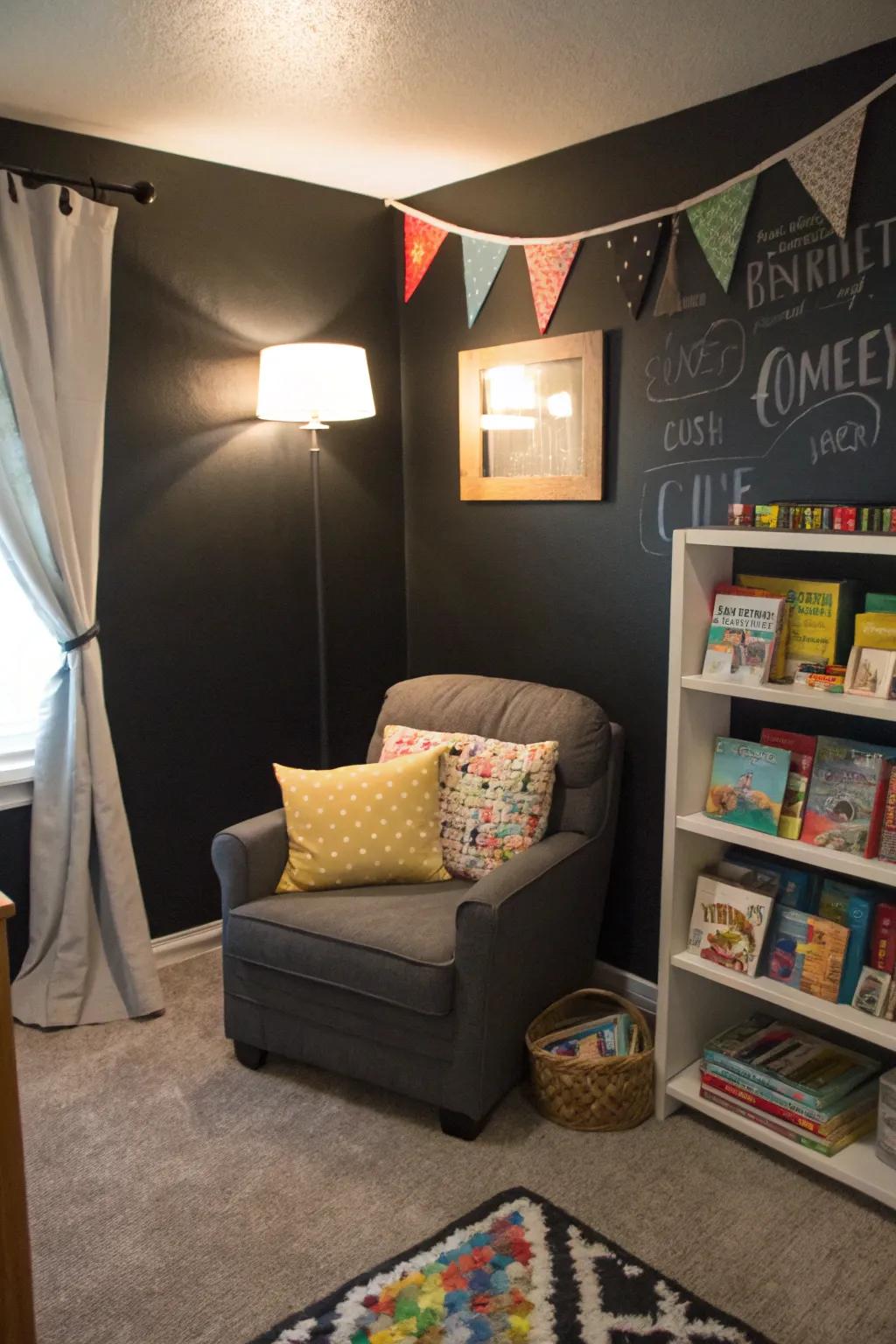 A cozy reading nook encourages bonding and relaxation.