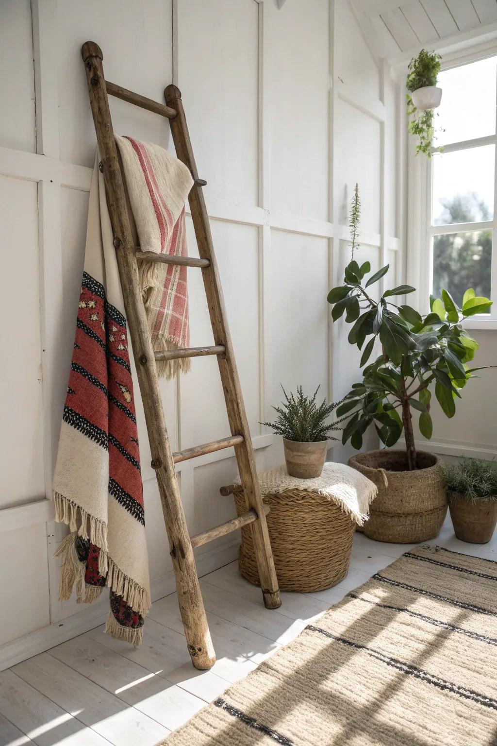 Add a touch of vintage charm with an antique ladder as your statement piece. Perfect for displaying your favorite throws!