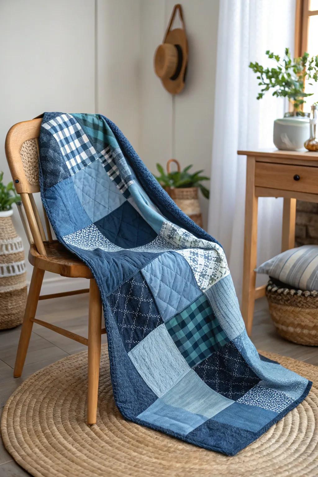 Embrace the cozy elegance of plaid perfection with this handcrafted blue quilt, a timeless touch for your minimalist haven.