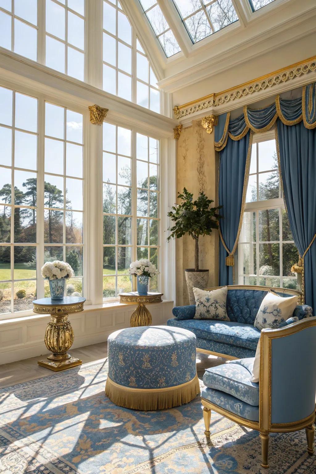 Blue and gold accents add a touch of luxury.