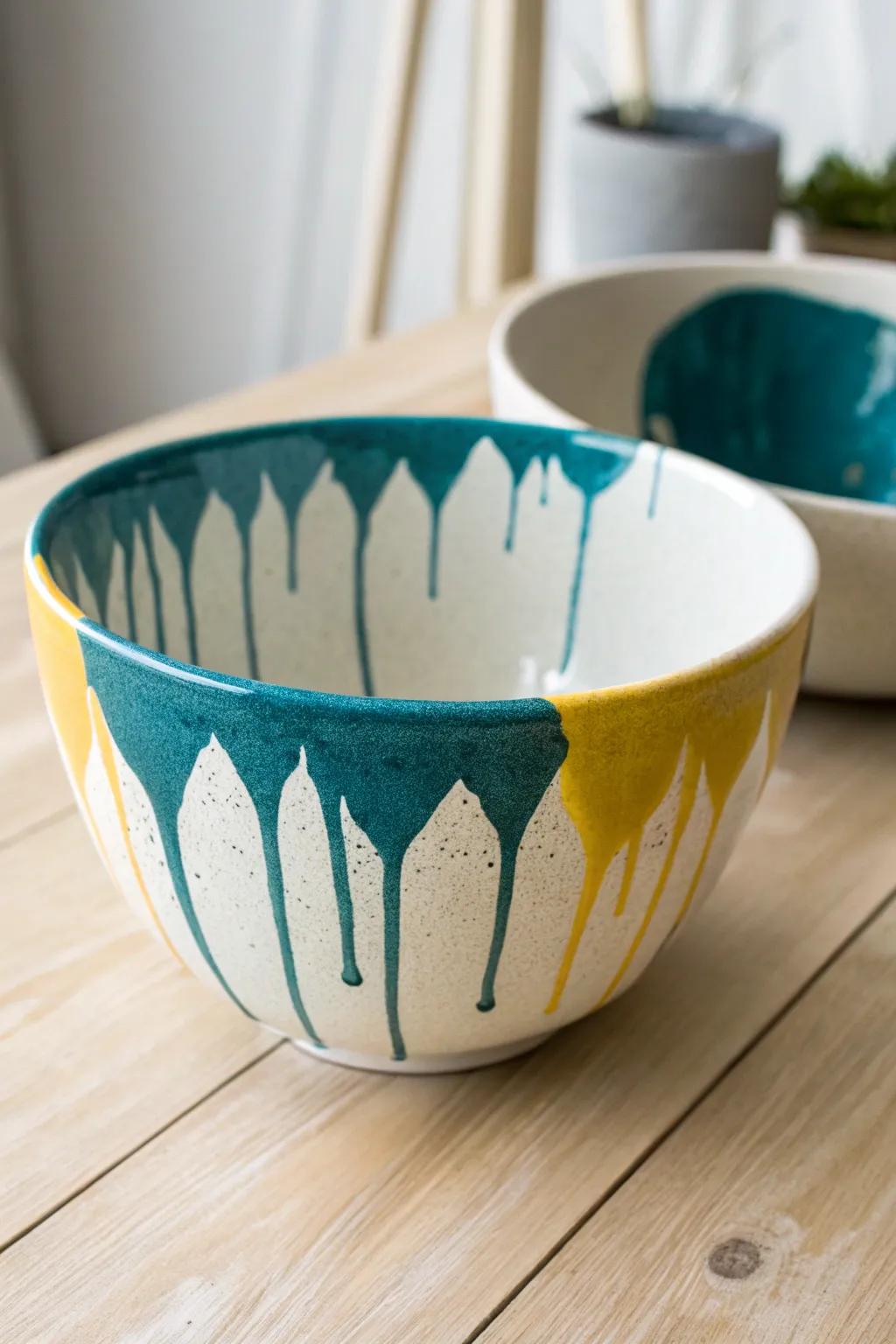Unleash your creativity with the stunning dripping paint effect on this handcrafted bowl—where modern artistry meets natural elegance.
