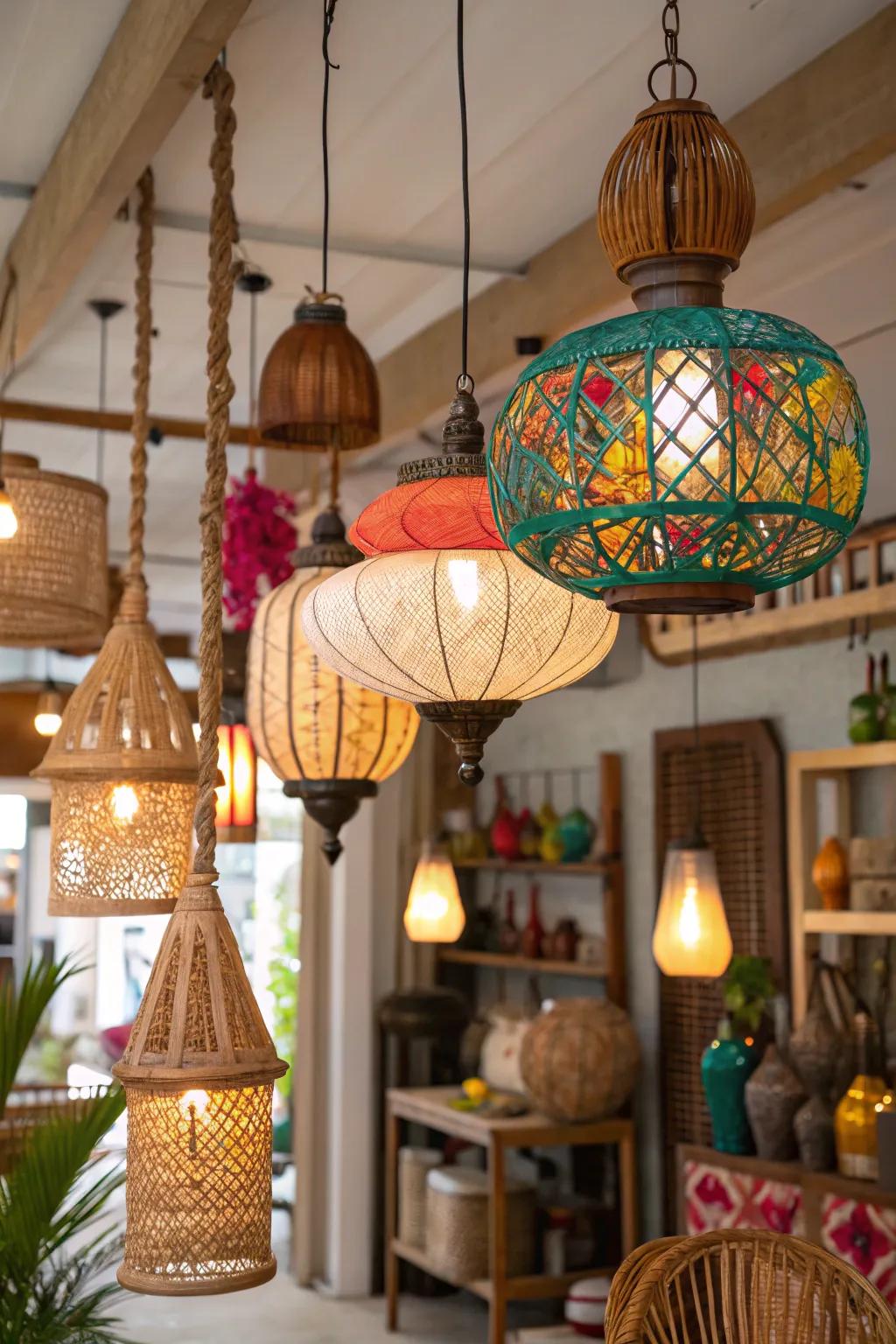 A room illuminated by eclectic lighting fixtures that highlight its vibrant decor.