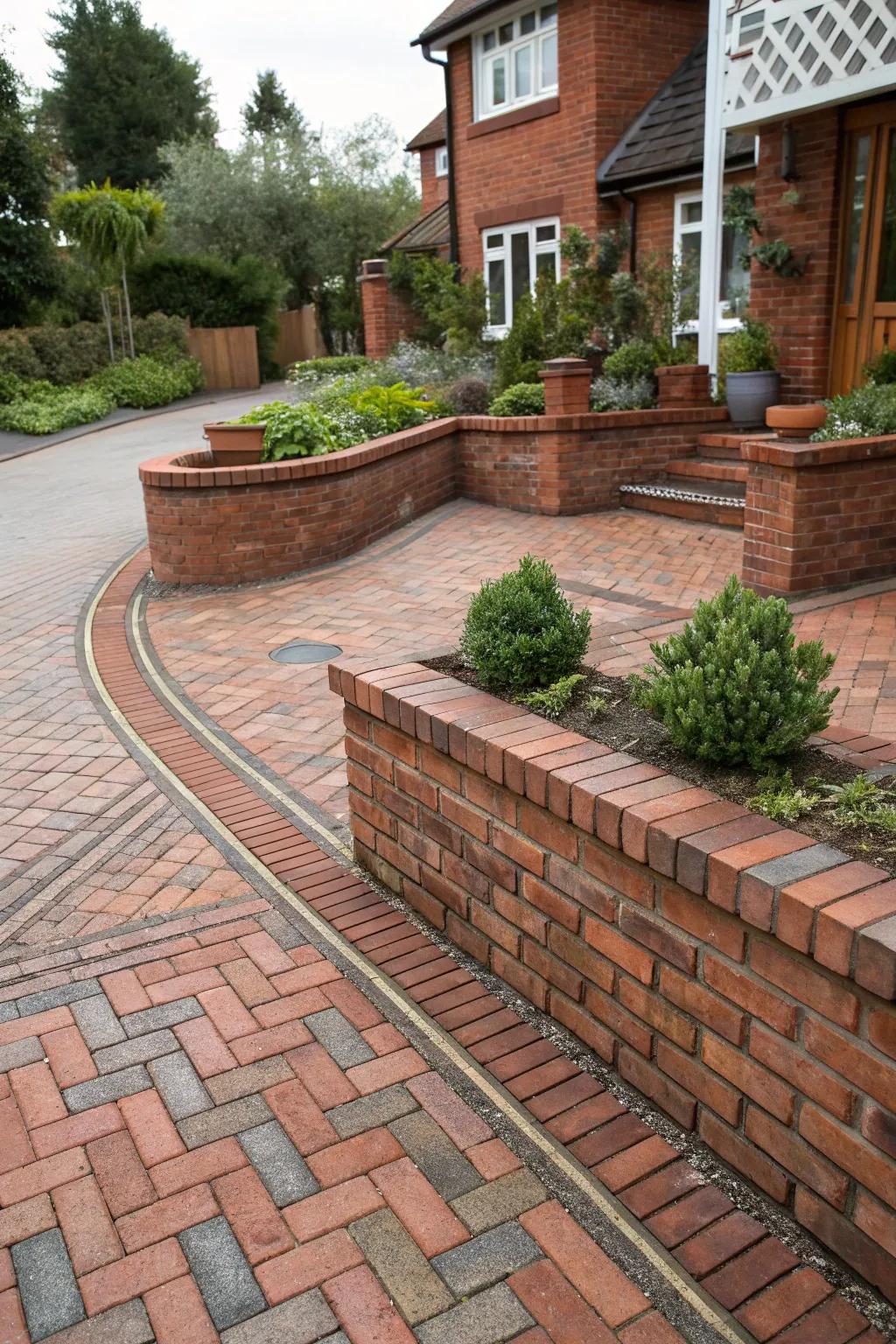Elevate your driveway with the perfect fusion of brickwork and greenery.