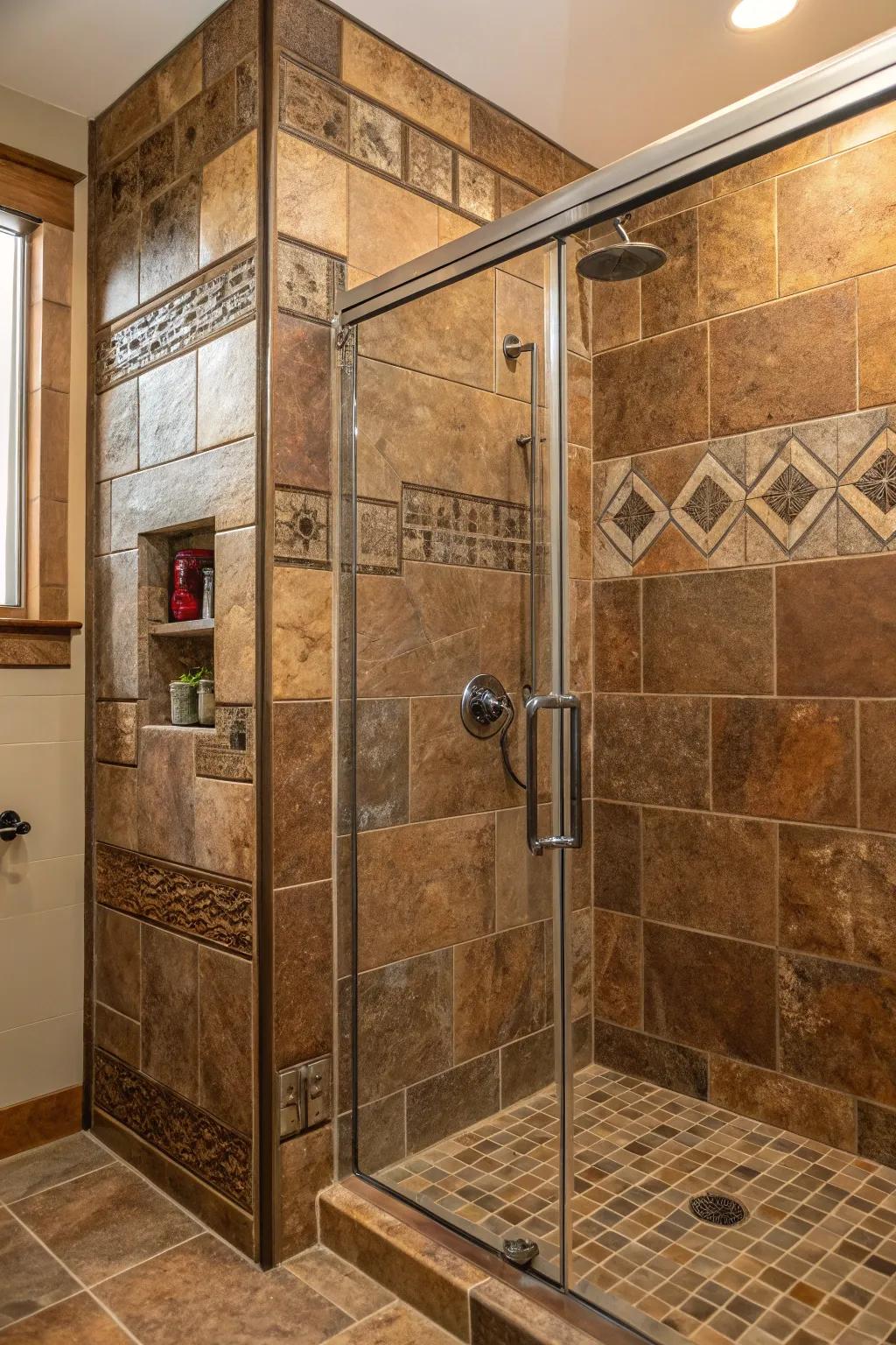 Handmade-look tiles add unique charm and character to showers.