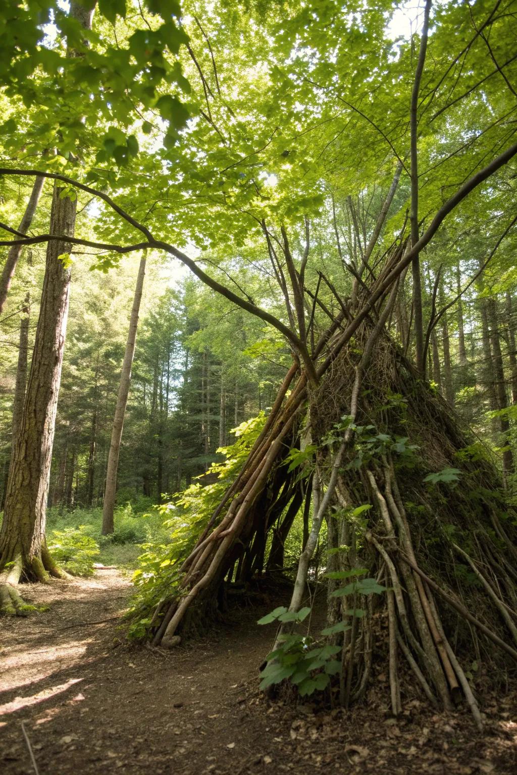 Embrace the art of nature with a handcrafted wickiup shelter, your perfect escape into the wilderness.