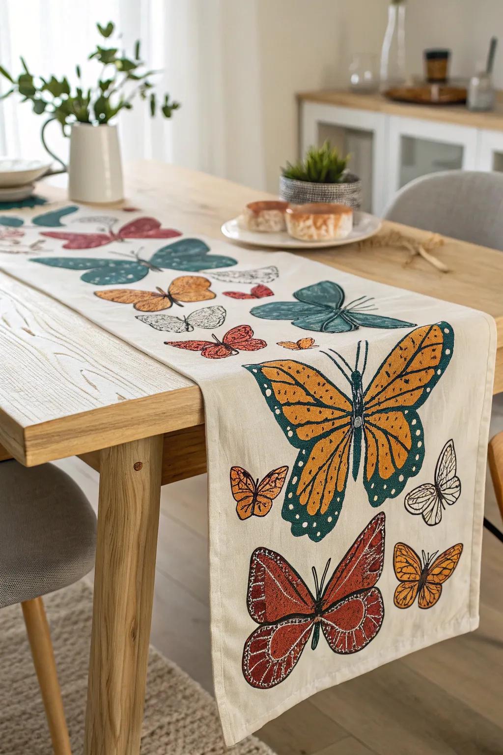 Add a splash of color and creativity to your dining space with this vibrant butterfly table runner, a perfect blend of artistry and elegance.