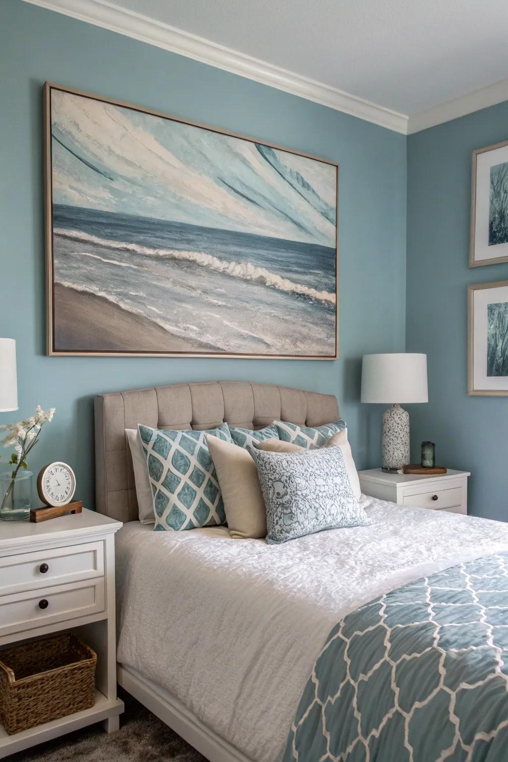 Thoughtfully chosen art enhances the room's tranquility.