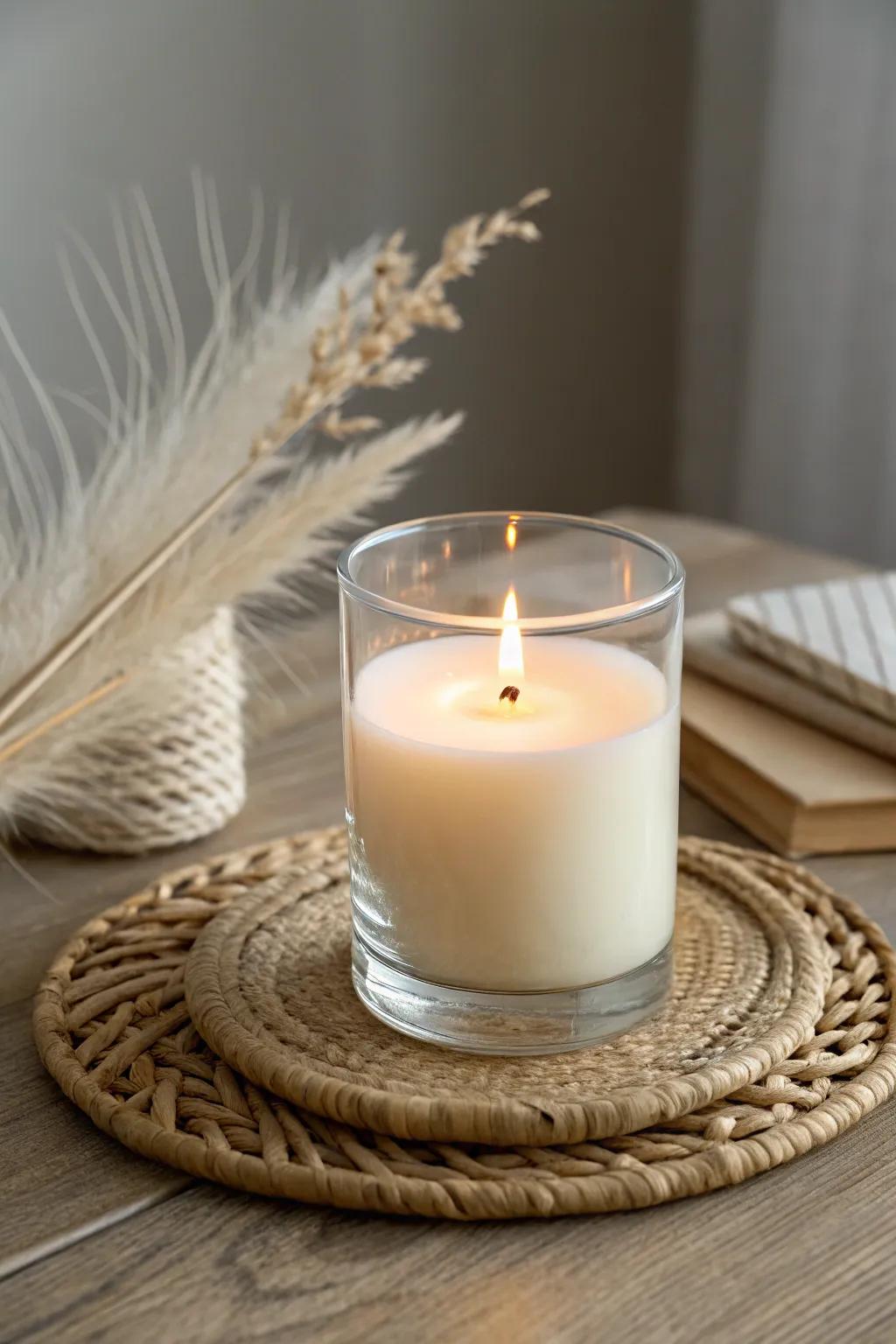 Elevate your candle display with the elegance of glass containers, embracing simplicity and natural beauty.