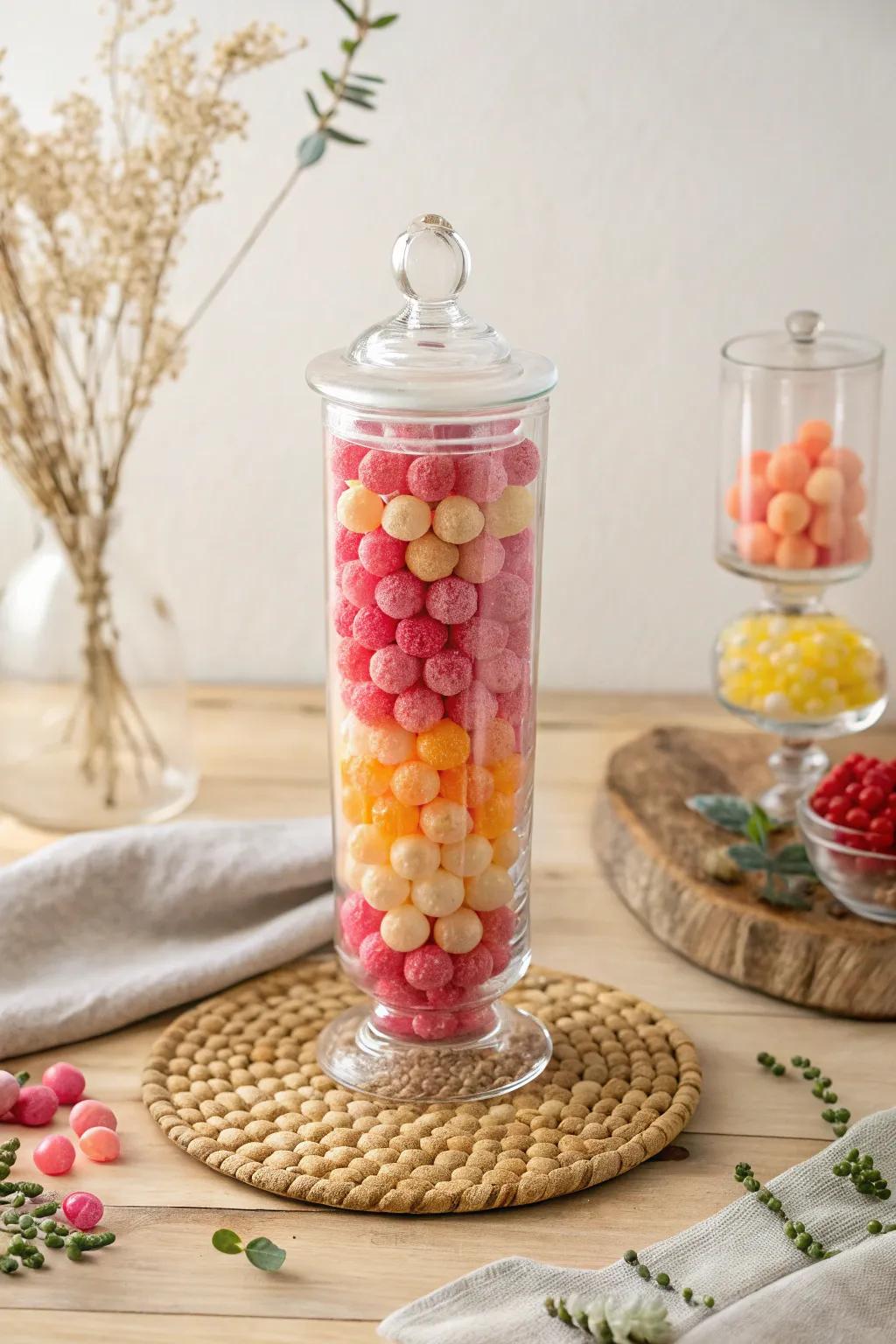Elevate your candy display with layered jars—where simplicity meets vibrant elegance.
