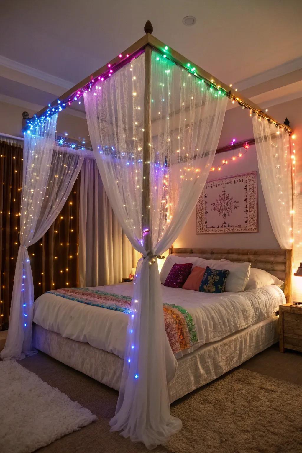 Colorful lights add whimsy and playfulness to your canopy bed.