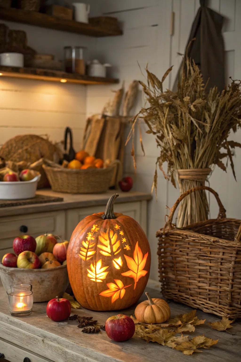 Celebrate autumn with a festive fall leaves pumpkin.