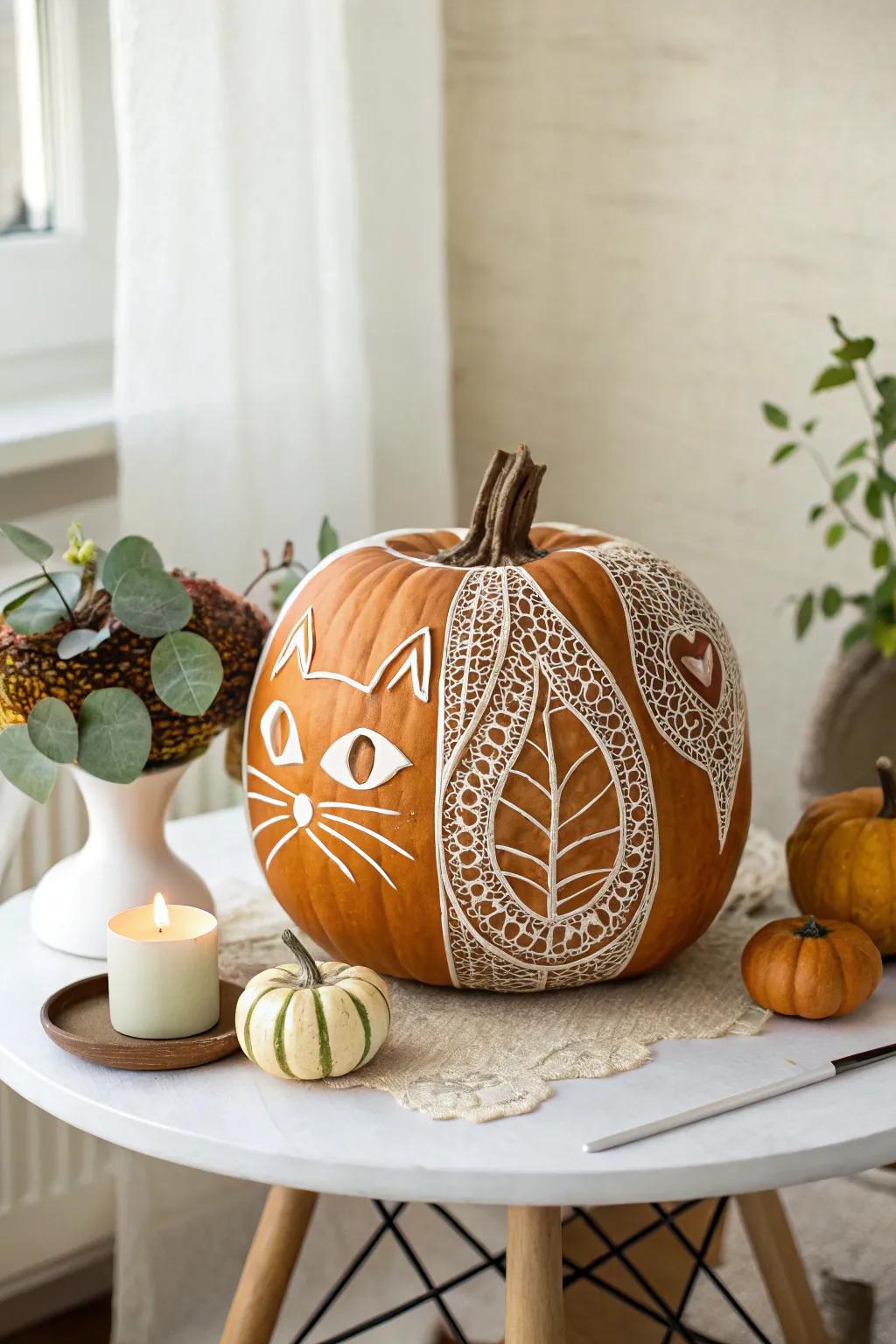 Elegance meets whimsy with this lace-patterned cat pumpkin—perfect for a chic, autumnal touch.