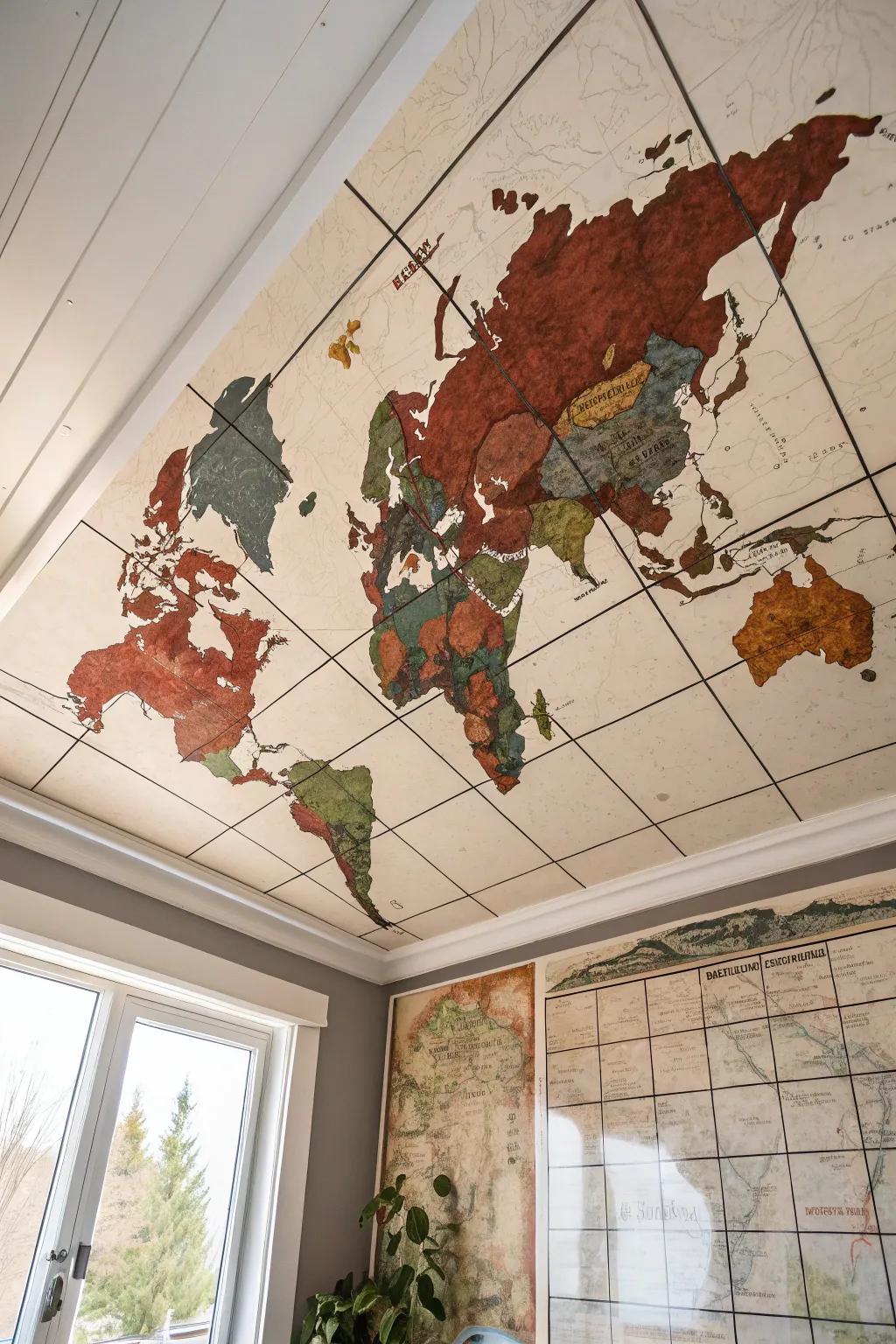Let your dreams take flight with a vintage map ceiling—where every glance sparks a new adventure.