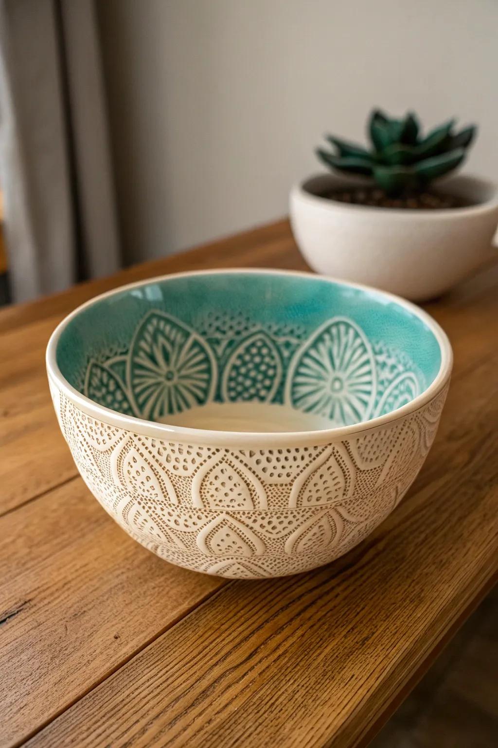 Elevate your table setting with this stunning lace-patterned ceramic bowl, where Scandinavian simplicity meets bohemian elegance.