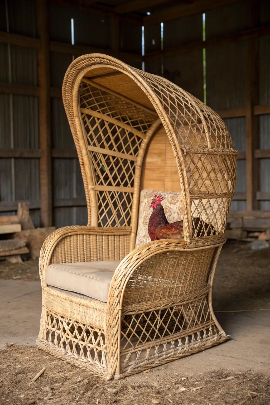 Craftsmanship meets functionality: a wicker chair turned chic chicken roost.