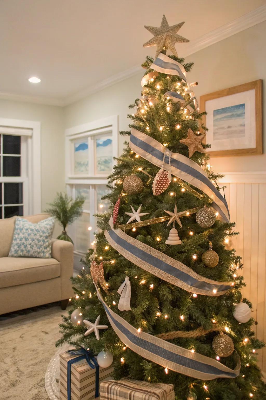 Nautical striped ribbons bring a coastal cool vibe to the Christmas tree.