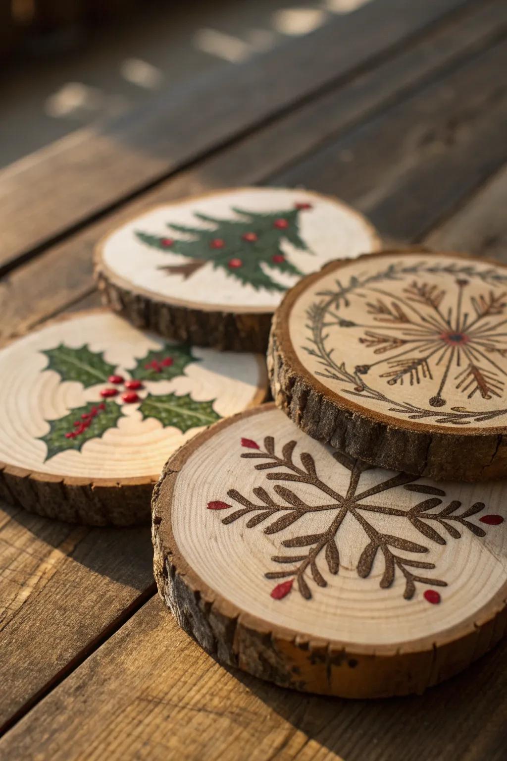 Elevate your holiday gatherings with these handcrafted wooden coasters, perfect for adding a touch of festive charm and craftsmanship to your table.
