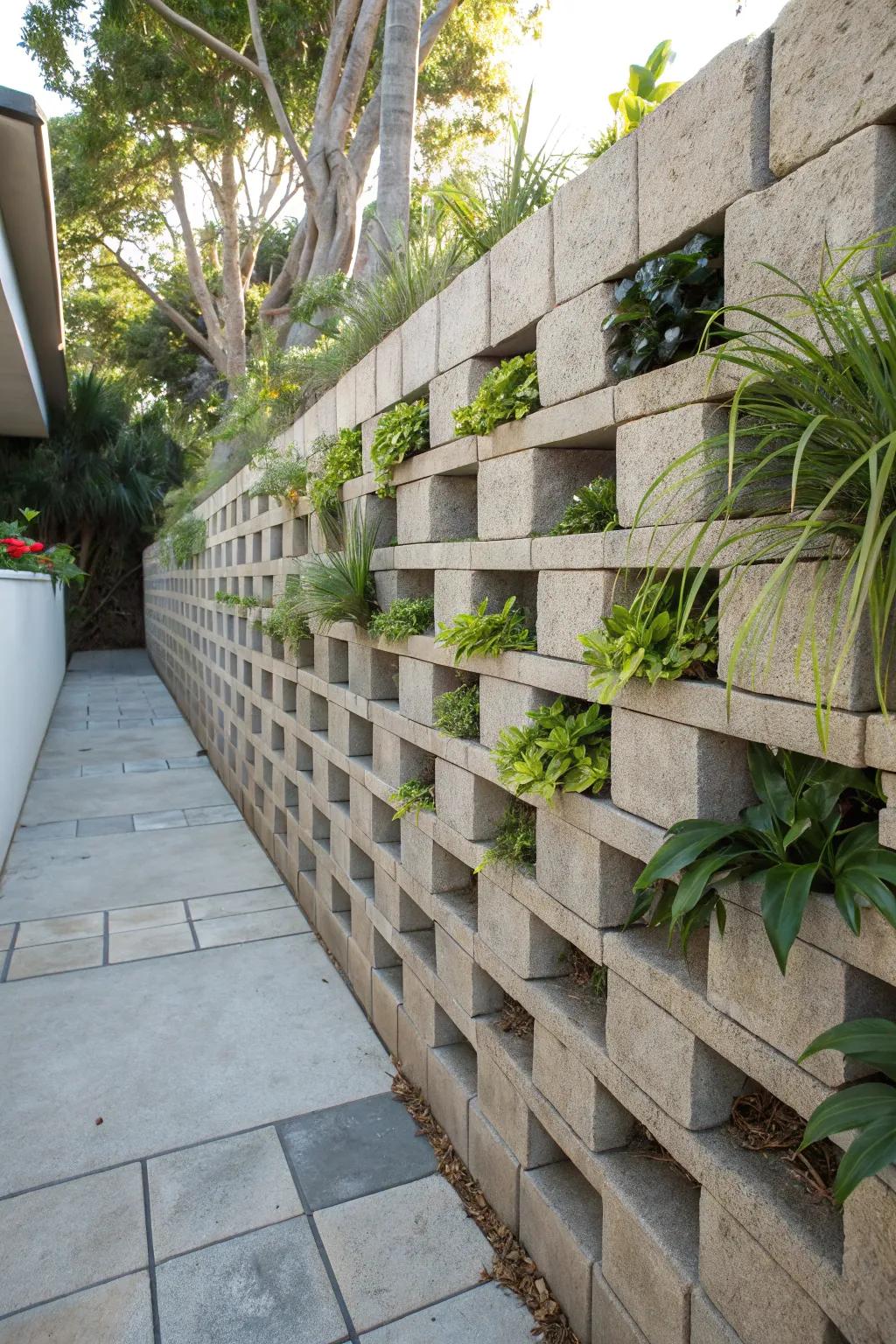 Transform your patio with a unique cinder block privacy wall that blends industrial charm with lush greenery.