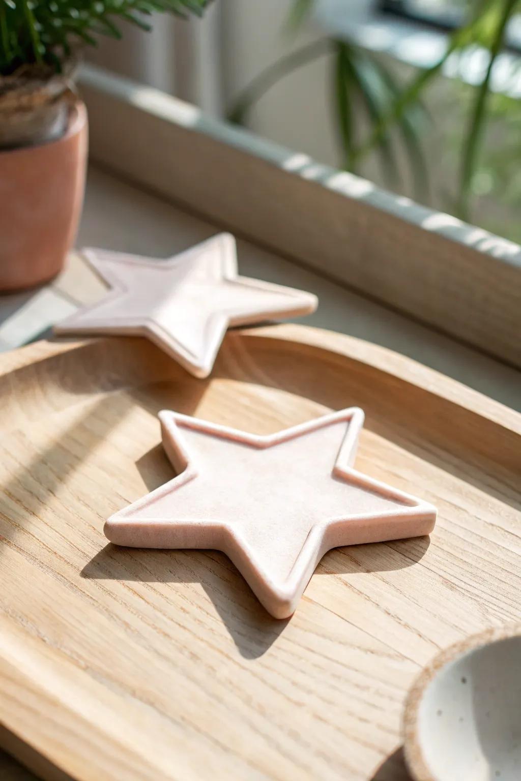 Add a whimsical touch to your coffee table with star-shaped clay coasters, where simplicity meets playful elegance.