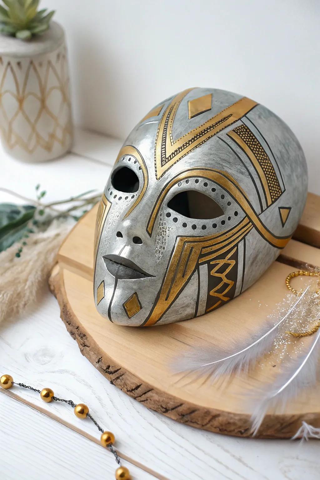 Step into the future with this stunning cyber-themed clay mask, where bold metallics meet minimalist elegance.