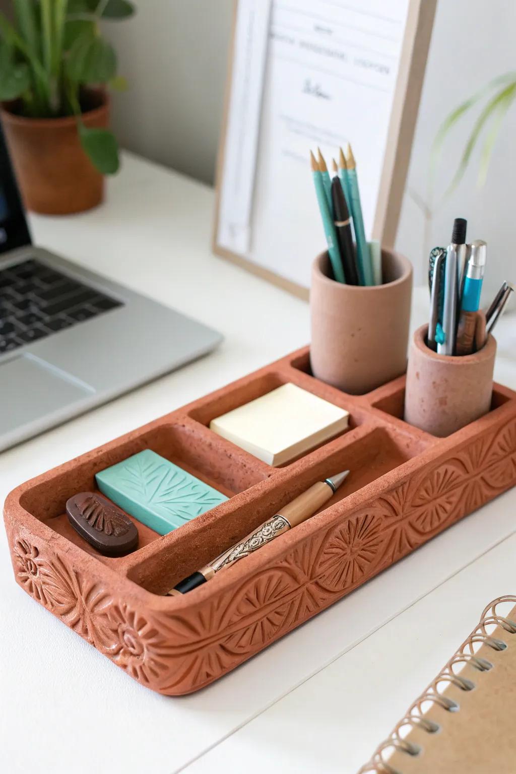 Elevate your workspace with a handcrafted clay desk organizer that blends minimalist design with bold colors and a Boho touch. Stay organized in style!